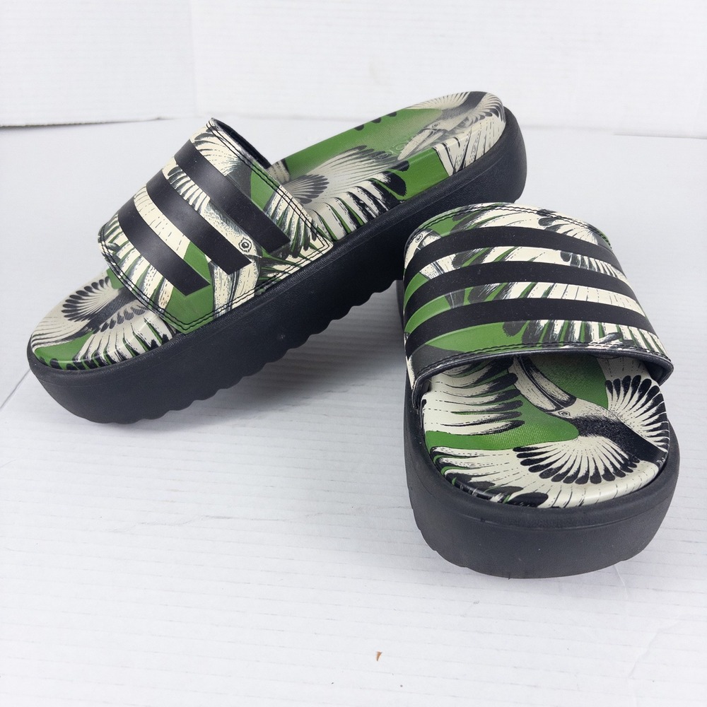 FARM Rio adidas Adilette Platform Slides Womens 7 Green Toucan Tropical Sandals